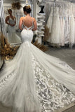 Chic Floor Length V-Neck Spaghetti Straps Sleeveless Mermaid Wedding Dress with Chapel Train-misshow.com