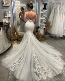 Chic Floor Length V-Neck Spaghetti Straps Sleeveless Mermaid Wedding Dress with Chapel Train-misshow.com