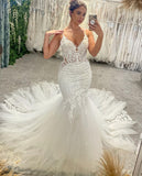 Chic Floor Length V-Neck Spaghetti Straps Sleeveless Mermaid Wedding Dress with Chapel Train-misshow.com