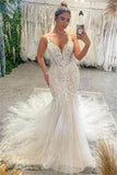Chic Floor Length V-Neck Spaghetti Straps Sleeveless Mermaid Wedding Dress with Chapel Train