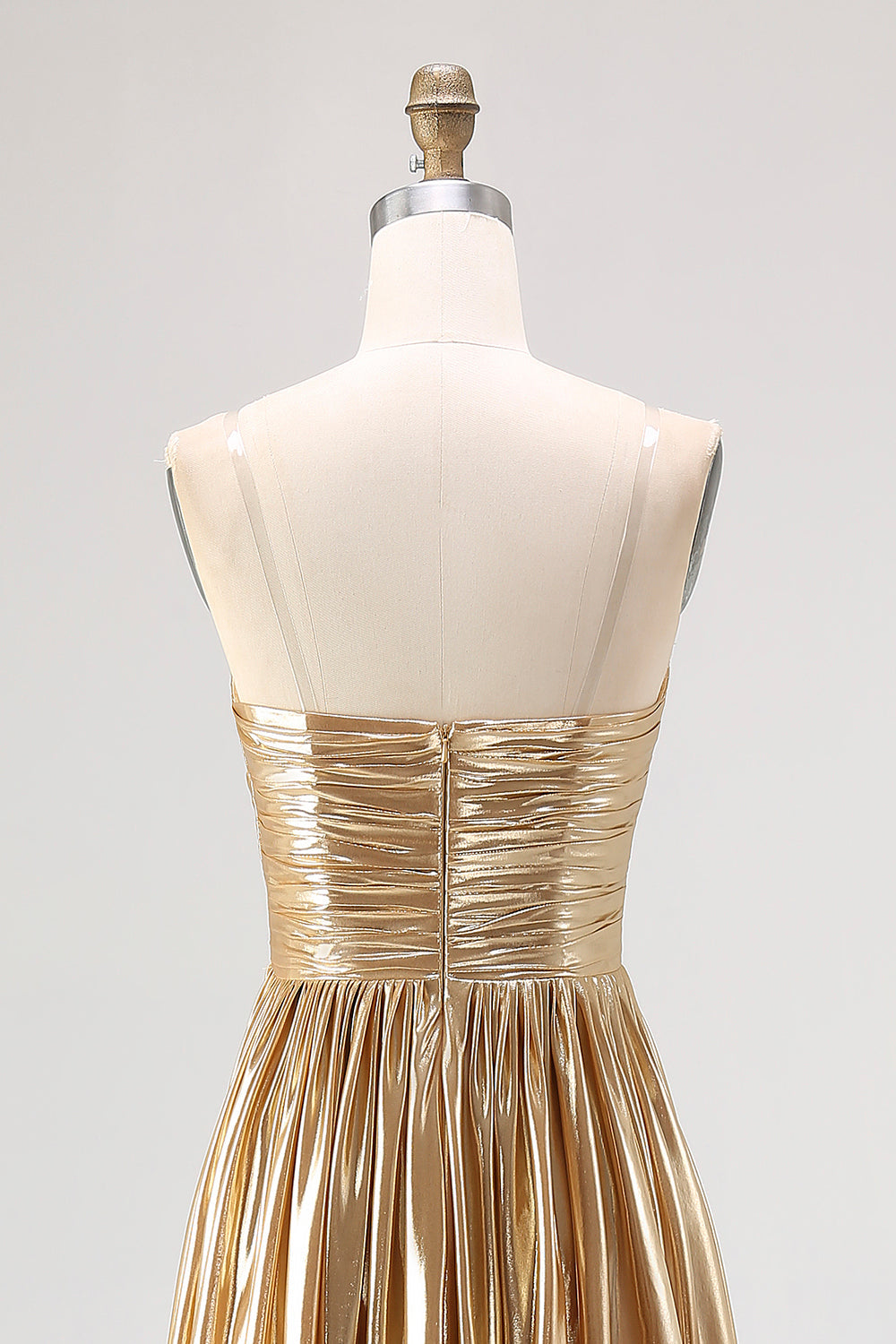 Chic Gold Metallic Satin Deep V Neck Pleated A Line Long Prom Dress