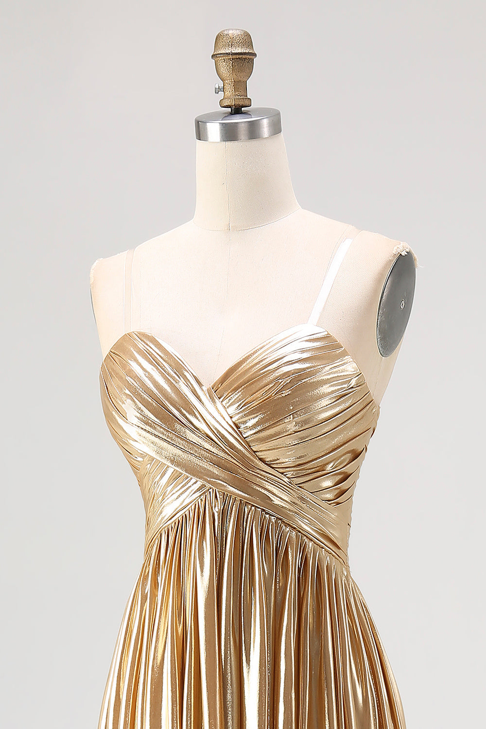 Chic Gold Metallic Satin Deep V Neck Pleated A Line Long Prom Dress