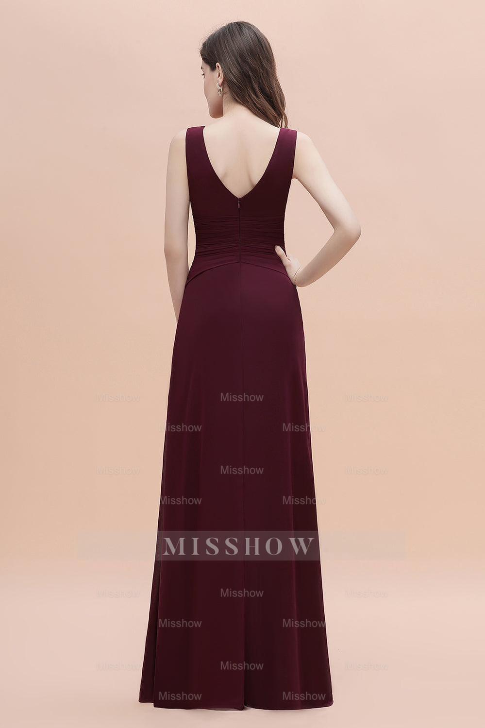 Chic Jewel Cabernet Chiffon Ruffles Bridesmaid Dresses with Slit On Sale Chic Jewel Cabernet Chiffon Ruffles Bridesmaid Dresses with Slit On Sale