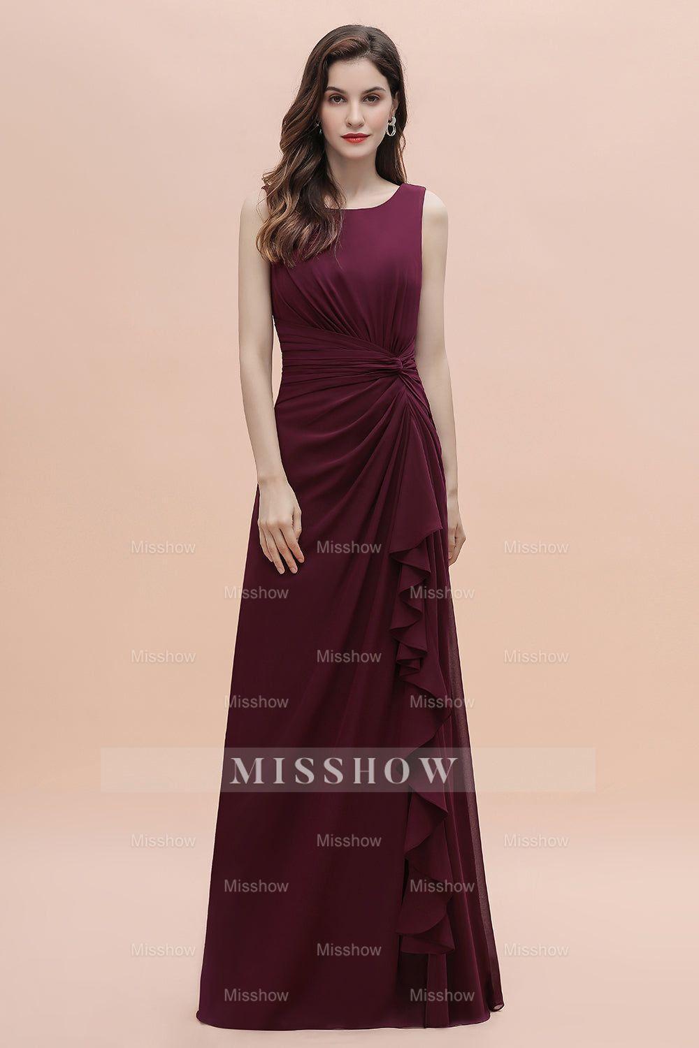Chic Jewel Cabernet Chiffon Ruffles Bridesmaid Dresses with Slit On Sale Chic Jewel Cabernet Chiffon Ruffles Bridesmaid Dresses with Slit On Sale