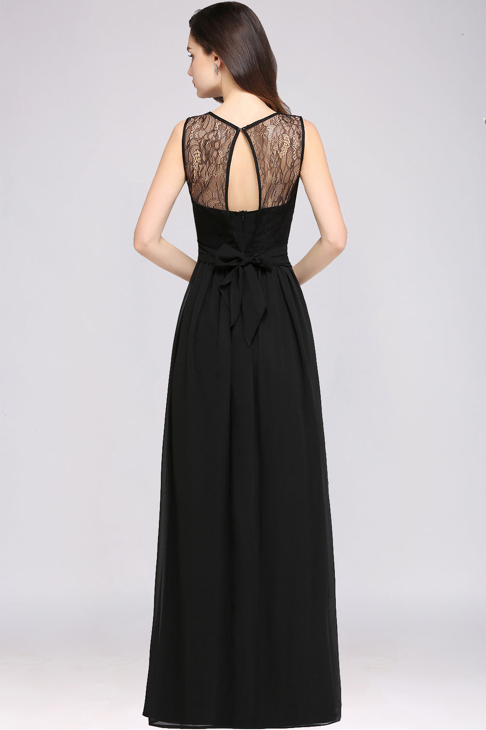 Chic Jewel Open-Back Bridesmaid Dresses with Bow Lace Ruffle Maid of Honor Dresses