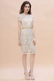 Chic Jewel Tulle Lace Beadings Mother of Bride Dress with Short Sleeves Online-misshow.com