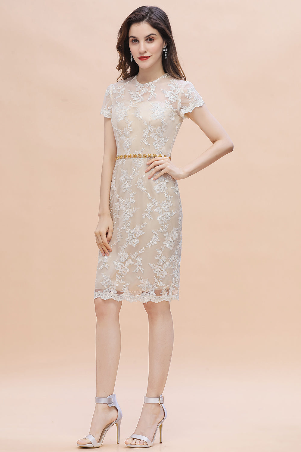 Chic Jewel Tulle Lace Beadings Mother of Bride Dress with Short Sleeves Online-misshow.com
