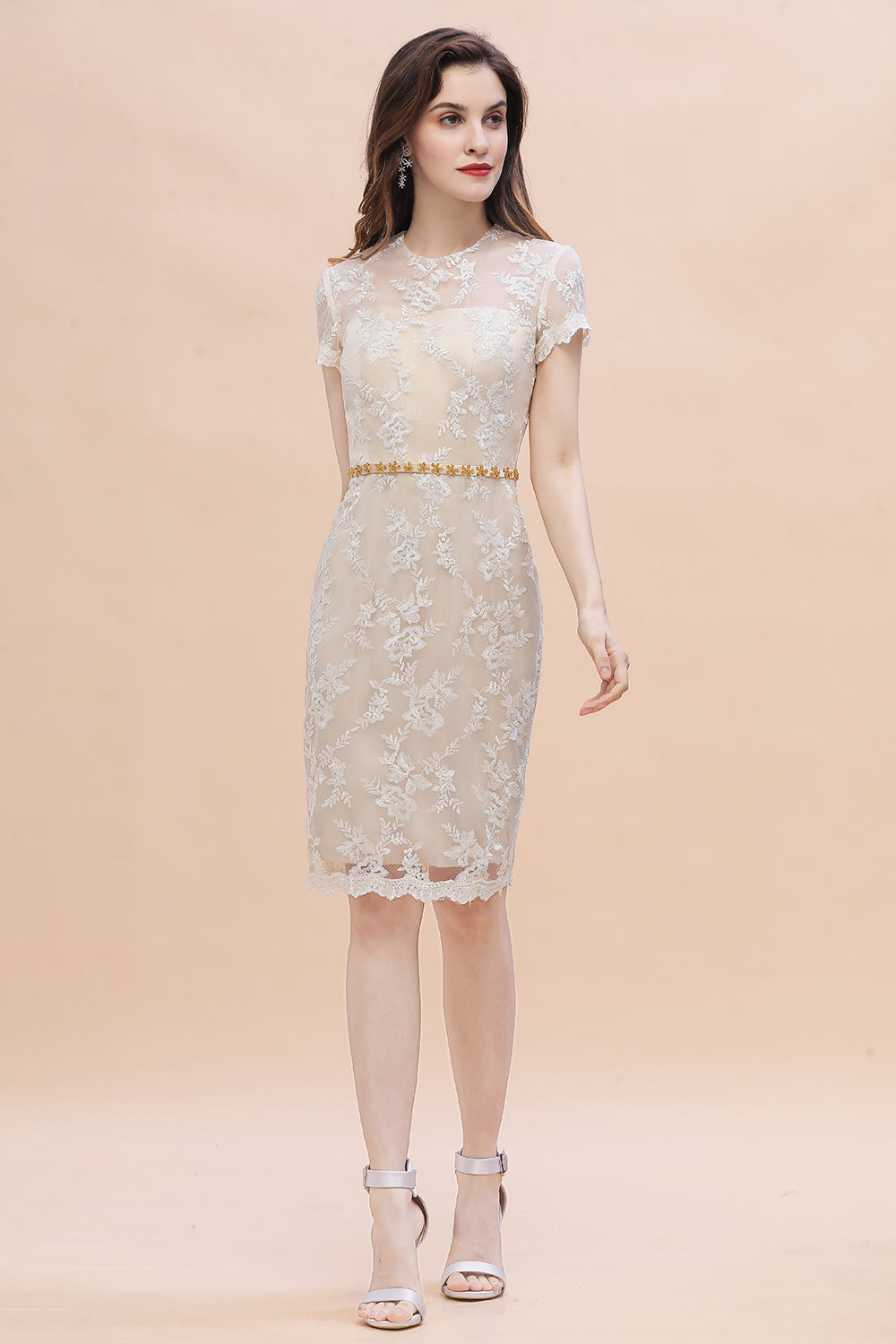 Chic Jewel Tulle Lace Beadings Mother of Bride Dress with Short Sleeves Online-misshow.com