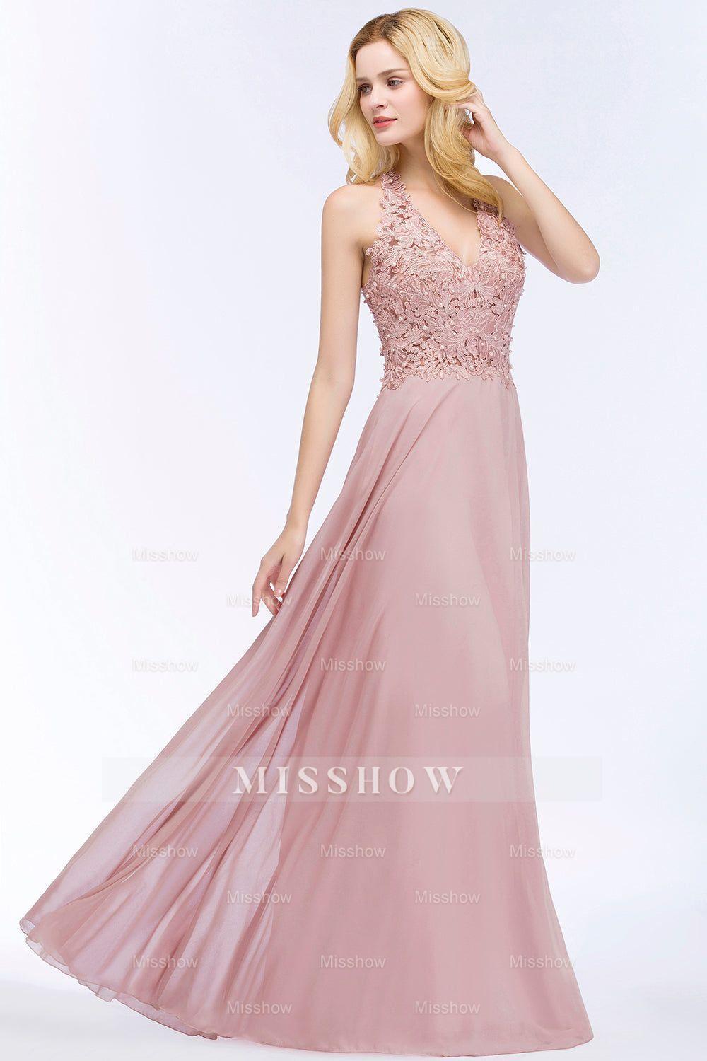 Chic Lace V-neck Pink Chiffon Bridesmaid Dresses with Pearls Chic Lace V-neck Pink Chiffon Bridesmaid Dresses with Pearls