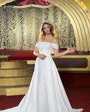 Chic Long A-line Off-the-shoulder Sleeveless Wedding Dress With Detachable Train-misshow.com