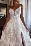 Chic Long A-line Spaghetti Straps Lace Wedding Dress With Slit-misshow.com