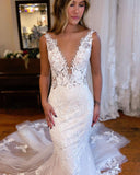 Chic Long Mermaid V-neck Sleeveless Lace Wedding Dress-misshow.com