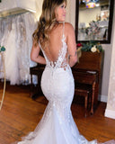 Chic Long Mermaid V-neck Sleeveless Lace Wedding Dress-misshow.com