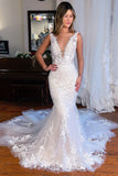 Chic Long Mermaid V-neck Sleeveless Lace Wedding Dress