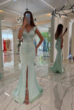 Chic Long Mint Green Straps Sequined Evening Dresses With Slit