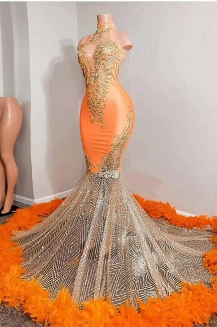 Chic Long Orange Halter Sleeveless Floor-Length Beading Mermaid Prom Dress-misshow.com
