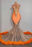 Chic Long Orange Halter Sleeveless Floor-Length Beading Mermaid Prom Dress-misshow.com
