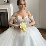 Chic Long White A-line Off-the-shoulder Lace Tulle Wedding Dress-misshow.com