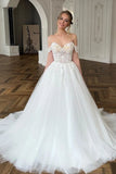 Chic Long White A-line Off-the-shoulder Lace Tulle Wedding Dress-misshow.com