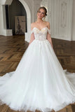 Chic Long White A-line Off-the-shoulder Lace Tulle Wedding Dress