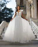 Chic Long White A-line V-neck Sleeveless Wedding Dress With Lace-misshow.com