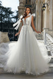 Chic Long White A-line V-neck Sleeveless Wedding Dress With Lace-misshow.com