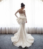 Chic Mermaid Lace Long Sleeves Wedding Dress With Detachable Train-misshow.com