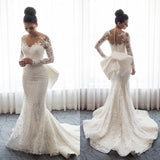 Chic Mermaid Lace Long Sleeves Wedding Dress With Detachable Train-misshow.com