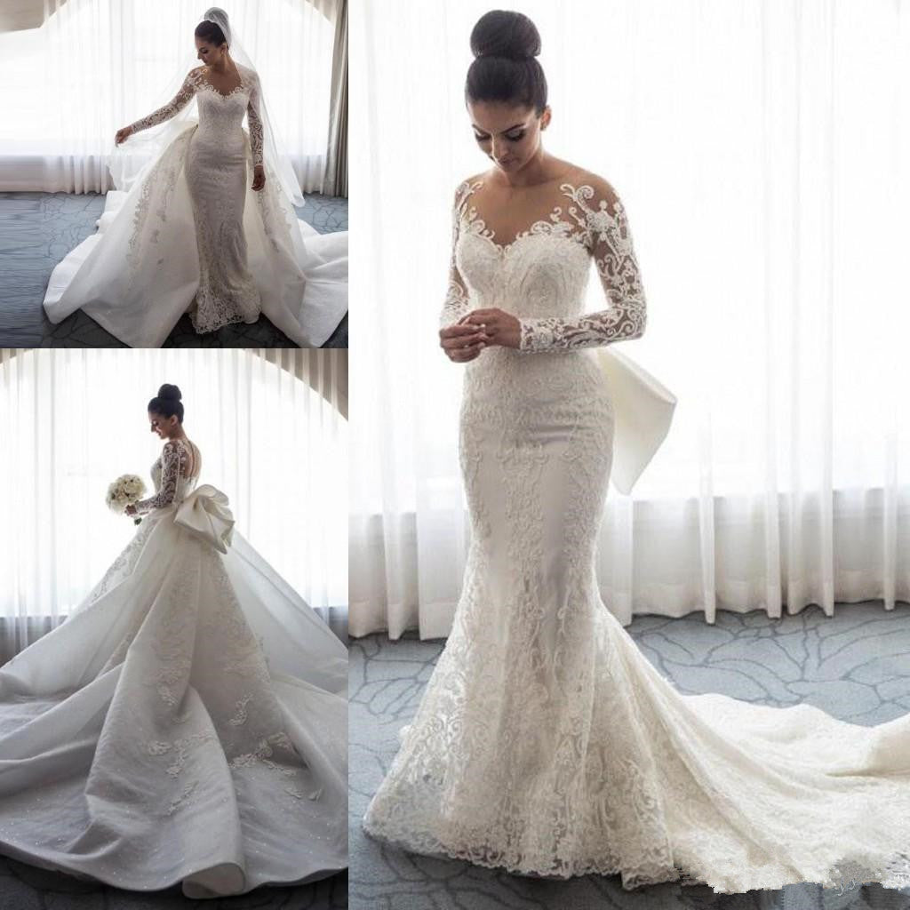 Chic Mermaid Lace Long Sleeves Wedding Dress With Detachable Train-misshow.com