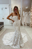 Chic Mermaid Sleeveless Appliques Wedding Dress With Train-misshow.com