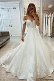 Chic Off-the-shoulder A-line Lace Satin Wedding Dress-misshow.com