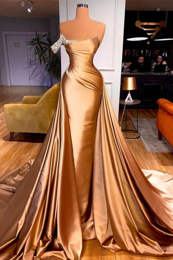 Chic One Shoulder Crystal Mermaid Prom Dress With Detachable Train-misshow.com