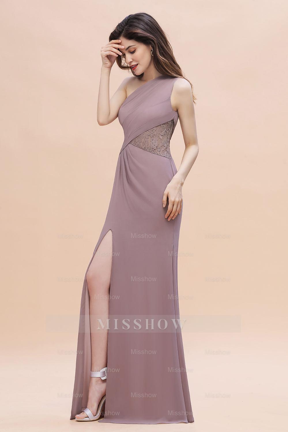Chic One-Shoulder Dusk Chiffon Lace Ruffle Bridesmaid Dresses with Front Slit On Sale Chic One-Shoulder Dusk Chiffon Lace Ruffle Bridesmaid Dresses with Front Slit On Sale