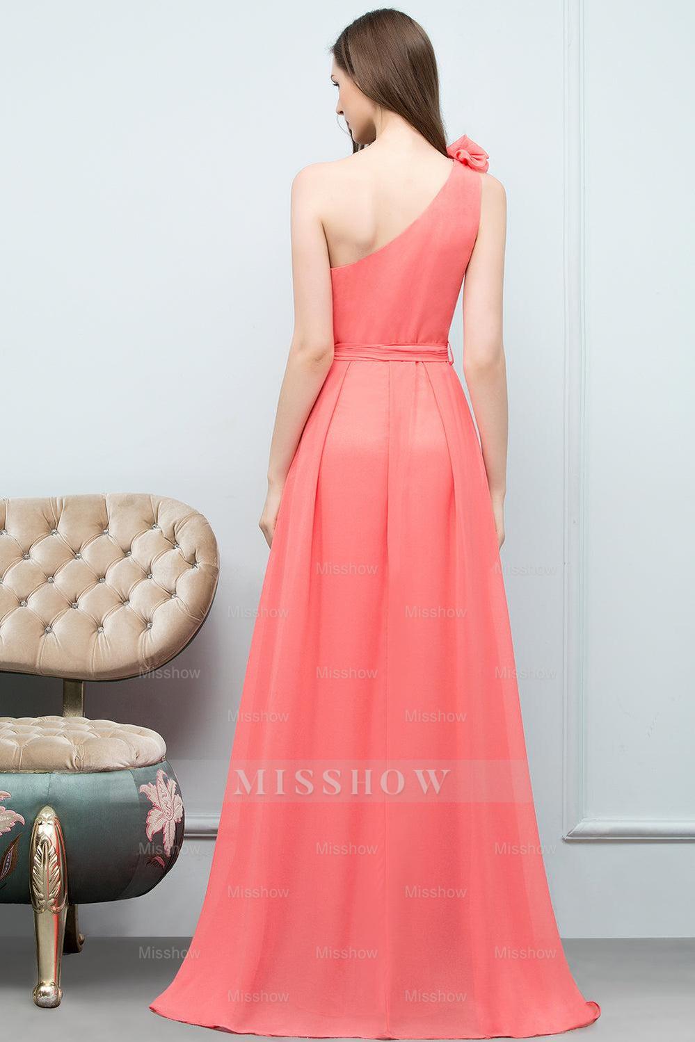 Chic One Shoulder Flower Long Bridesmaid dresses with Bow Sash Chic One Shoulder Flower Long Bridesmaid dresses with Bow Sash
