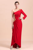 Chic One-Shoulder Long Sleeves Ruffle Mother of Bride Dresses with Appliques-misshow.com