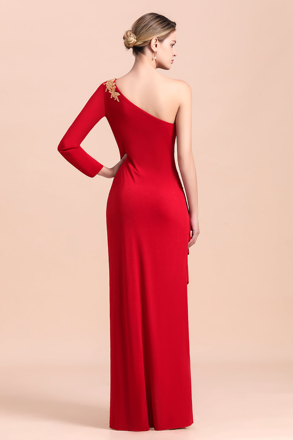Chic One-Shoulder Long Sleeves Ruffle Mother of Bride Dresses with Appliques-misshow.com
