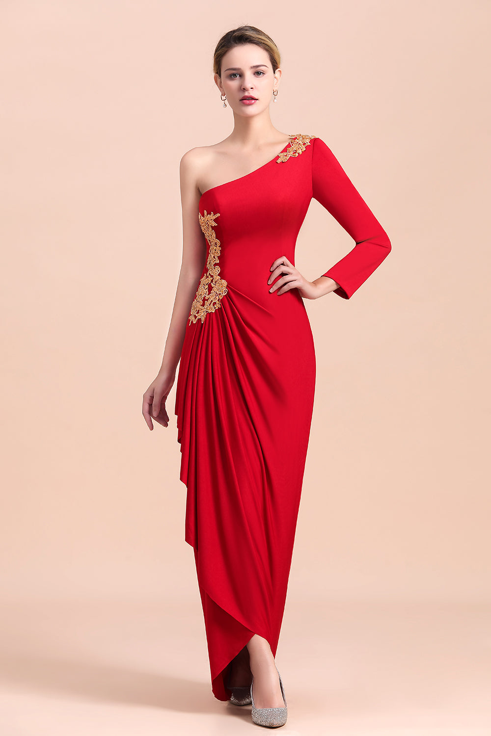 Chic One-Shoulder Long Sleeves Ruffle Mother of Bride Dresses with Appliques-misshow.com