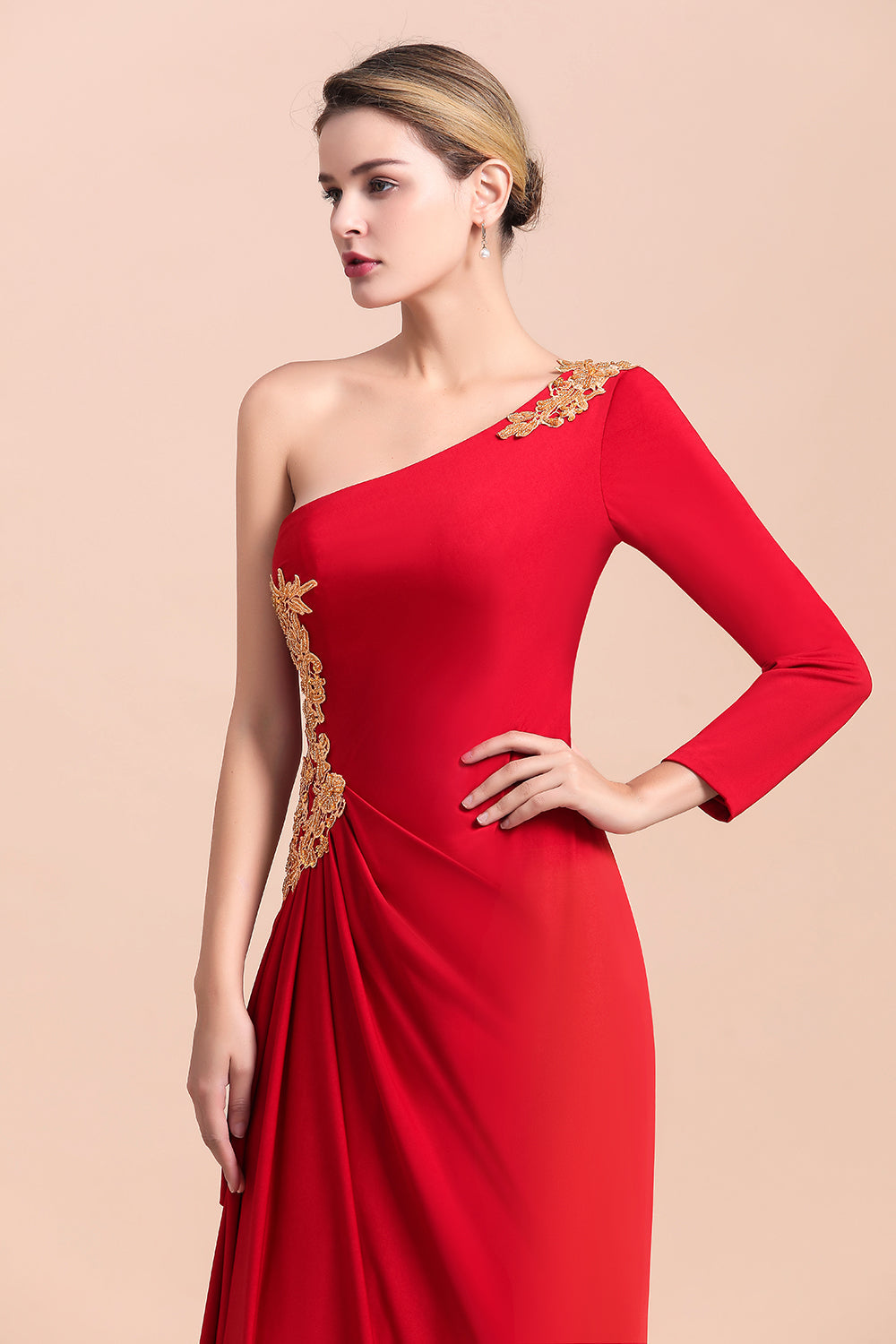 Chic One-Shoulder Long Sleeves Ruffle Mother of Bride Dresses with Appliques-misshow.com