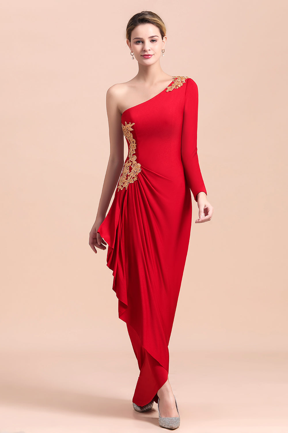 Chic One-Shoulder Long Sleeves Ruffle Mother of Bride Dresses with Appliques-misshow.com