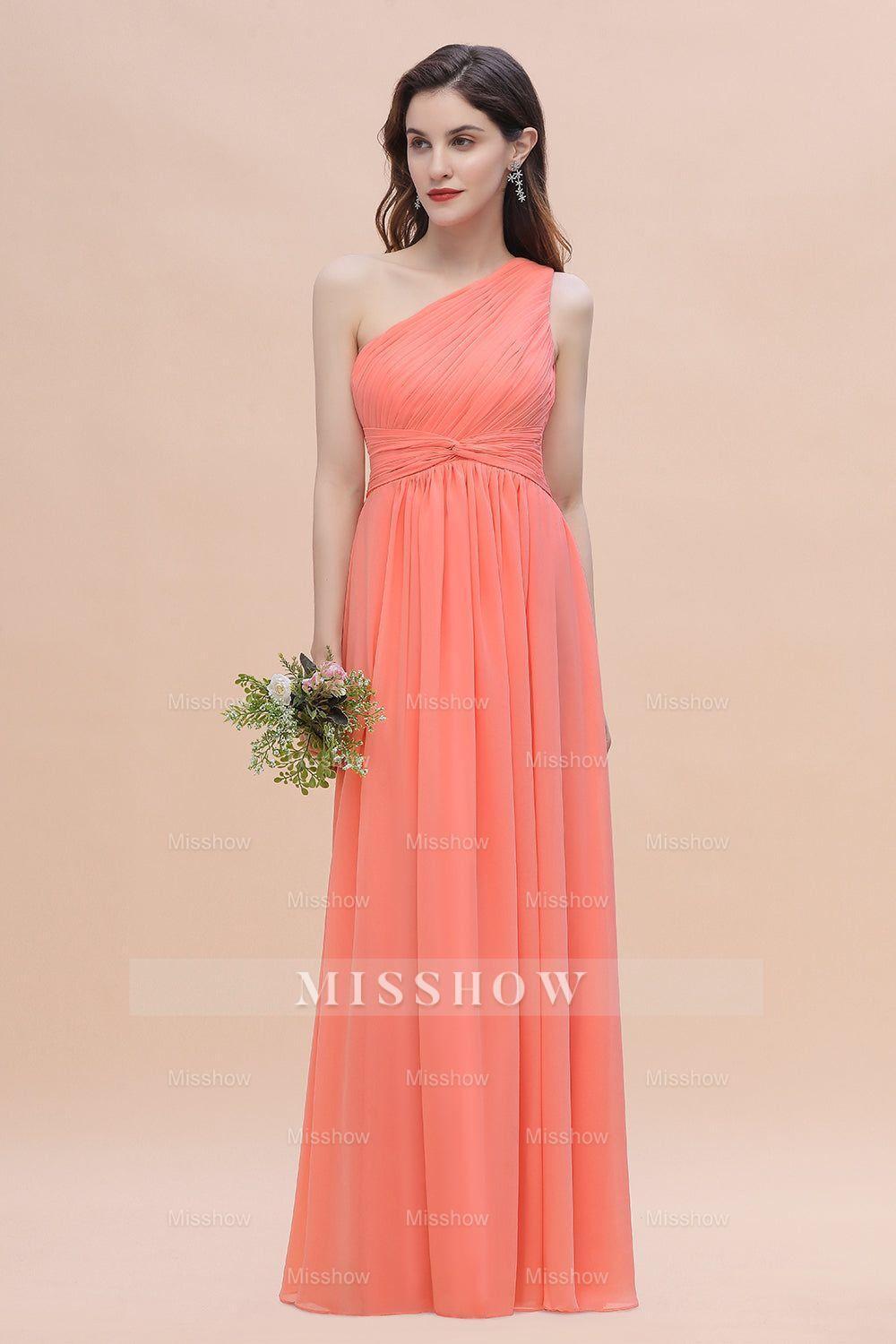coral matron of honor dresses Chic One-Shoulder Ruffles Chiffon Coral Bridesmaid dresses On Sale – misshow.com