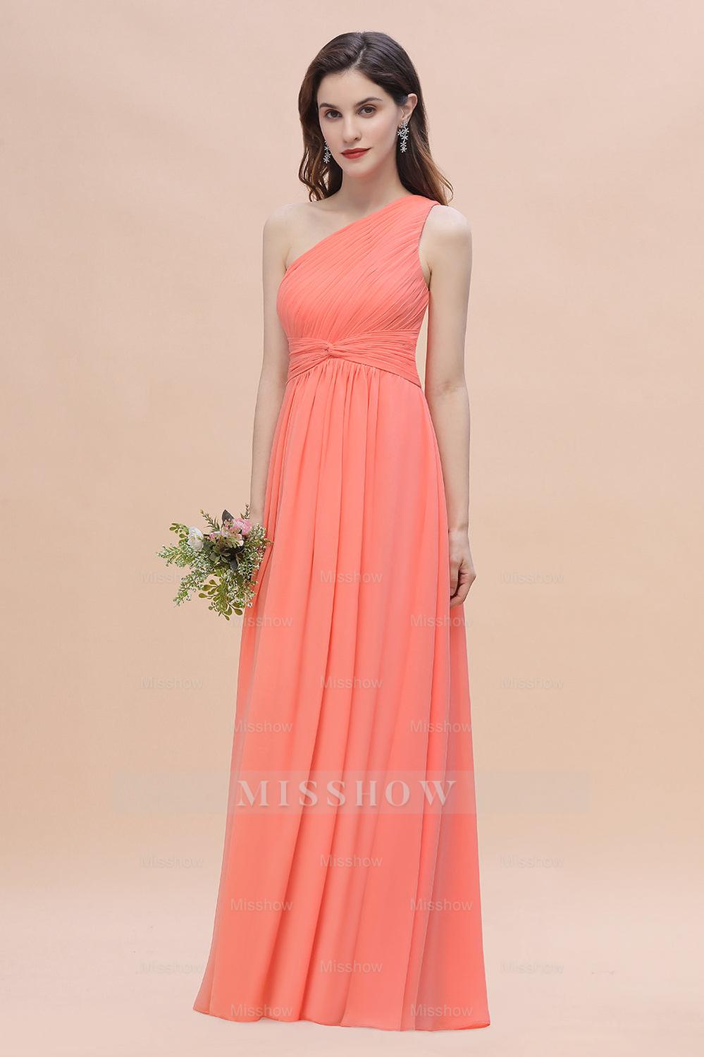 Chic One-Shoulder Ruffles Chiffon Coral Bridesmaid dresses On Sale Chic One-Shoulder Ruffles Chiffon Coral Bridesmaid dresses On Sale