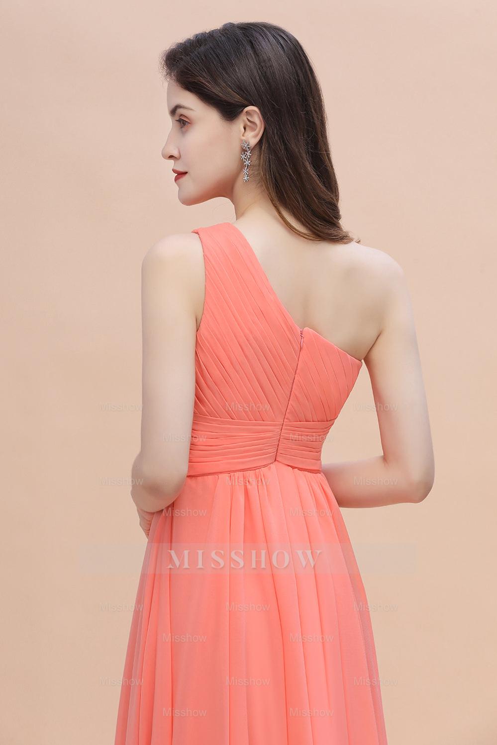 Chic One-Shoulder Ruffles Chiffon Coral Bridesmaid dresses On Sale misshow.com Chic One-Shoulder Ruffles Chiffon Coral Bridesmaid dresses On Sale misshow.com