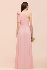 Chic One Shoulder Sleeveless Pink Chiffon Bridesmaid Dresses with Bow