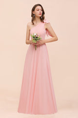 Chic One Shoulder Sleeveless Pink Chiffon Bridesmaid Dresses with Bow