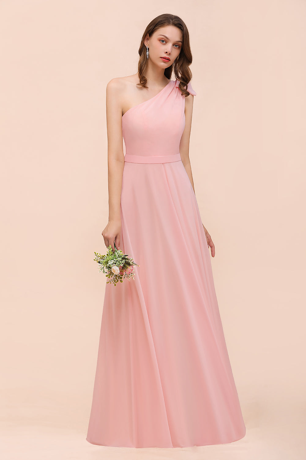 Chic One Shoulder Sleeveless Pink Chiffon Bridesmaid Dresses with Bow