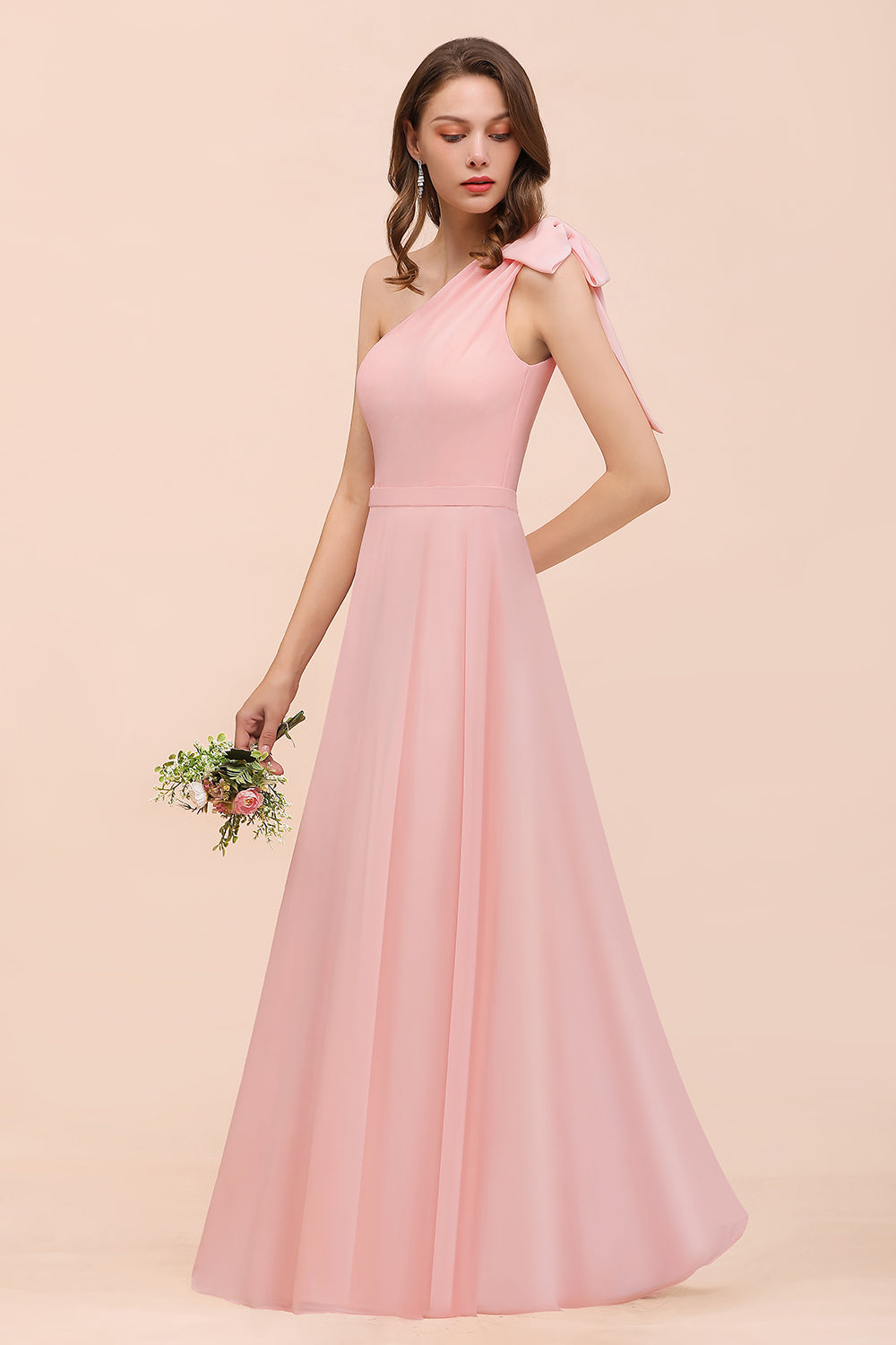 Chic One Shoulder Sleeveless Pink Chiffon Bridesmaid Dresses with Bow