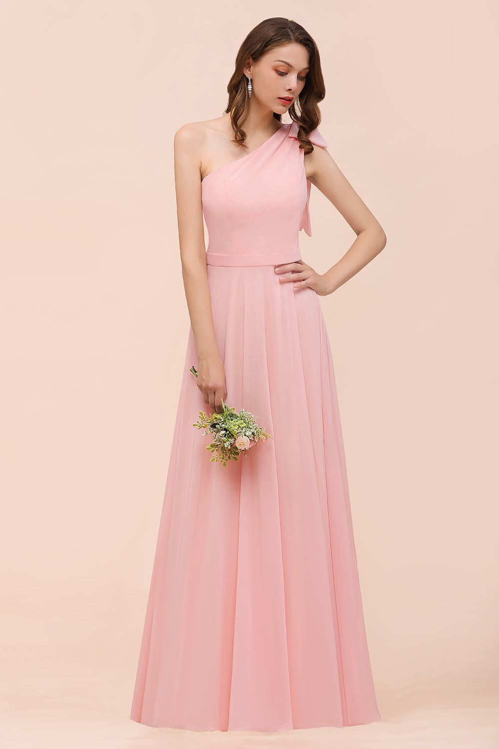 Chic One Shoulder Sleeveless Pink Chiffon Bridesmaid Dresses with Bow