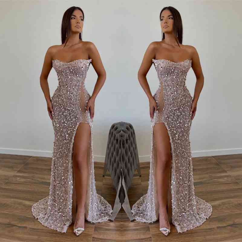 Chic Sequined Floor Length Strapless A-line Prom Dress with Front Slit-misshow.com