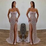 Chic Sequined Floor Length Strapless A-line Prom Dress with Front Slit-misshow.com