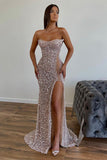 Chic Sequined Floor Length Strapless A-line Prom Dress with Front Slit-misshow.com